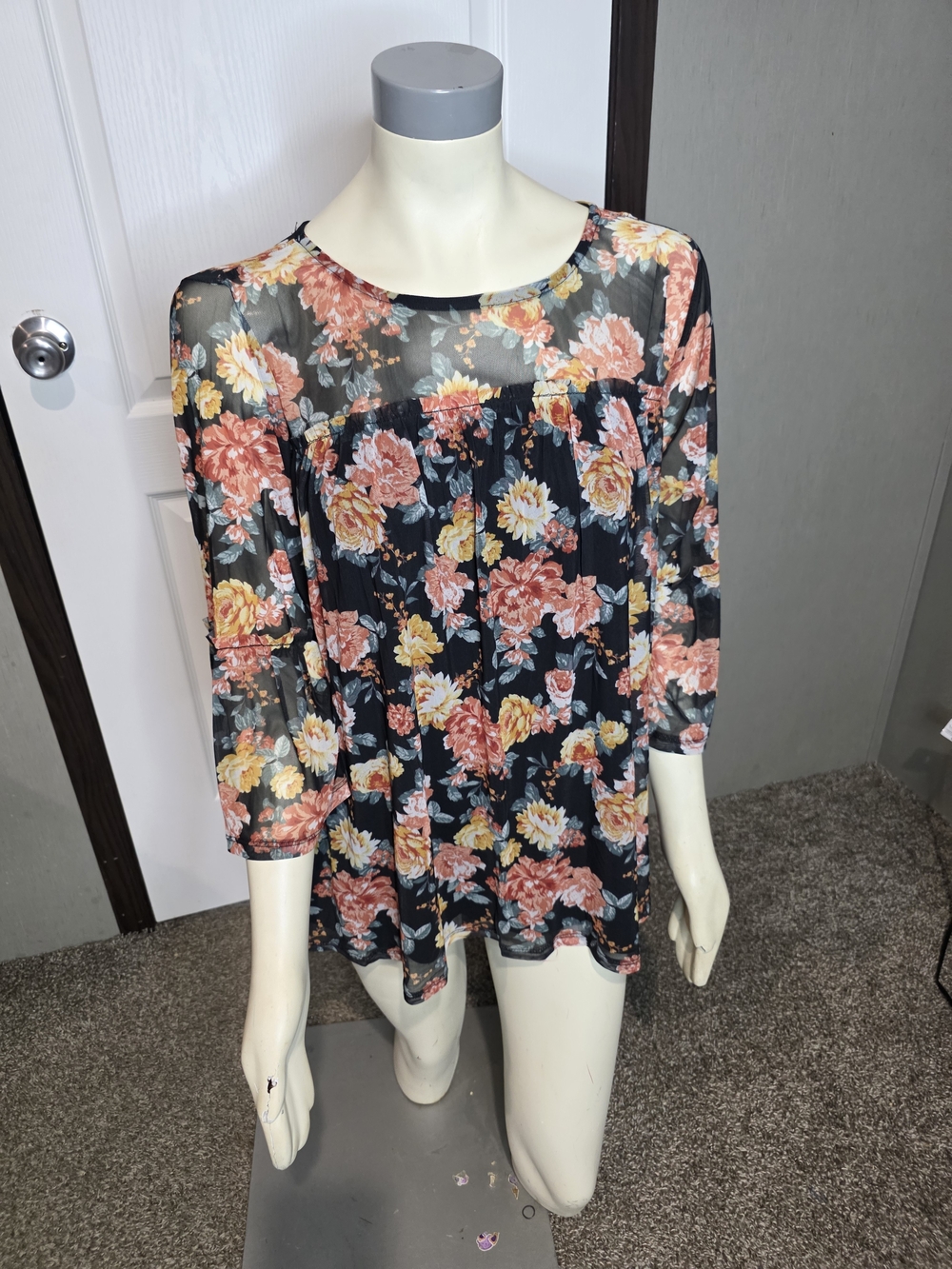 Bobbie Brooks Black Sheer Floral Blouse with Pink & Yellow Blooms